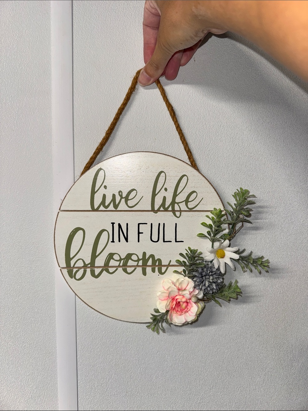 Live Life in Full Bloom Wall Sign - White and Green Floral Accent (smaller size)